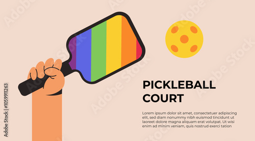 Pickleball game on court. Pickleball player with LGBT racket. Sport activity, match, training equipment. Game, serve with rackets. Flat vector illustration in cartoon style.