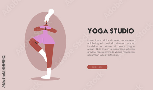 Aging Black Woman demonstrates balance and flexibility by standing on one leg. Female character looks focused and calm. Flat Banner Vector illustration in cartoon style.