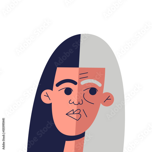 Skin aging. Elderly aging woman with young and old face. For plastic surgery, anti-aging creams or cosmetic procedures advertising. Flat vector illustration in cartoon style.
