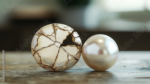 Cracked gemstone set beside a perfect pearl, symbolizing comparative value and cost perception photo