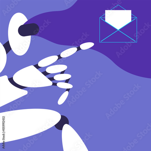 AI Mailbox message management automation and antispam filter with AI service. Cute robot holding envelope in VR with email letter to receive and send digital correspondence. Flat vector illustration.