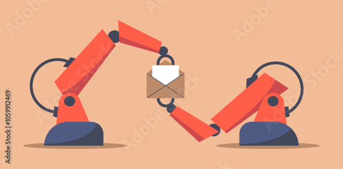 AI Mailbox message management automation and antispam filter with AI service. Robotic arm holding envelope with email letter to receive and send digital correspondence. Flat vector illustration.