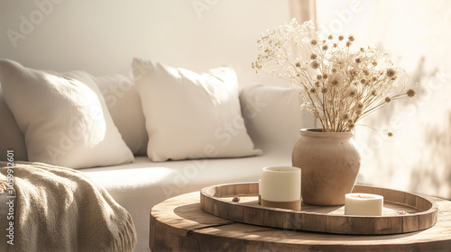 Cozy living room with a wooden tray on the sofa and natural beige vases with dried flowers, candles, and white pillows in the sunlight