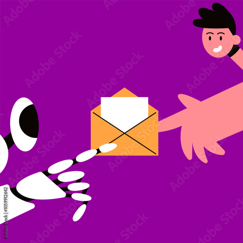 AI Mailbox message management automation and antispam filter with AI service. Cute robot holding envelope with email letter to receive and send digital correspondence. Flat vector illustration.