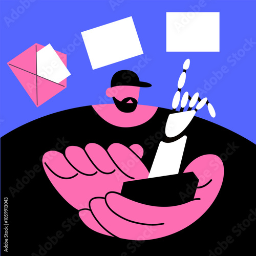AI Mailbox message management automation and antispam filter with AI service. Cute Man using app with email letter to receive and send digital correspondence. Flat vector illustration.