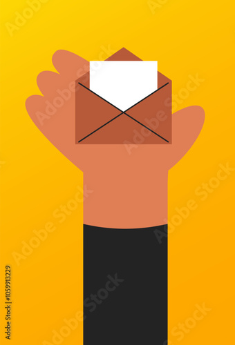 AI Mailbox message management automation and antispam filter with AI service. Human arm holding envelope with email letter to receive and send digital correspondence. Flat vector illustration.