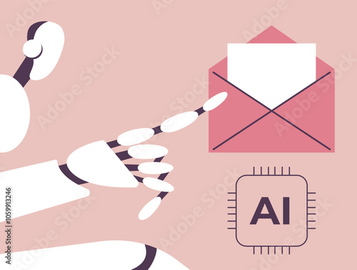 AI Mailbox message management automation and antispam filter with AI service. Cute robot pointing to envelope with email letter to receive and send digital correspondence. Flat vector illustration.