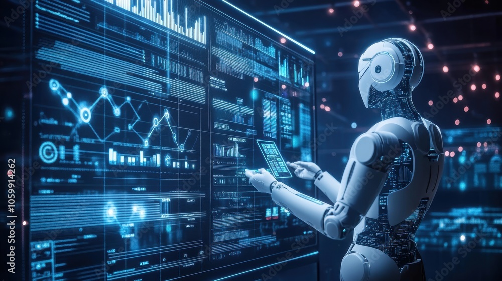 Obraz premium AI, Big Data, and business analytics icons represent the integration of advanced technology in analyzing graphs, business data, and market trends, driving strategic decisions and innovative solutions