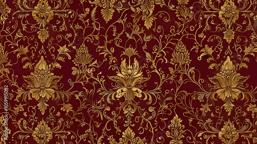 Classic Thai Flower and Leaf Pattern in Rich Red and Gold with Elegant Stylized Curves and Swirls
