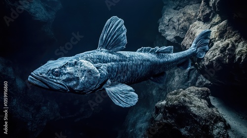 A Coelacanth, with its ancient, lobe-finned structure and blue-gray scales, swimming slowly in the dark, deep waters near a volcanic cave. Soft light highlights its distinctive fins. photo