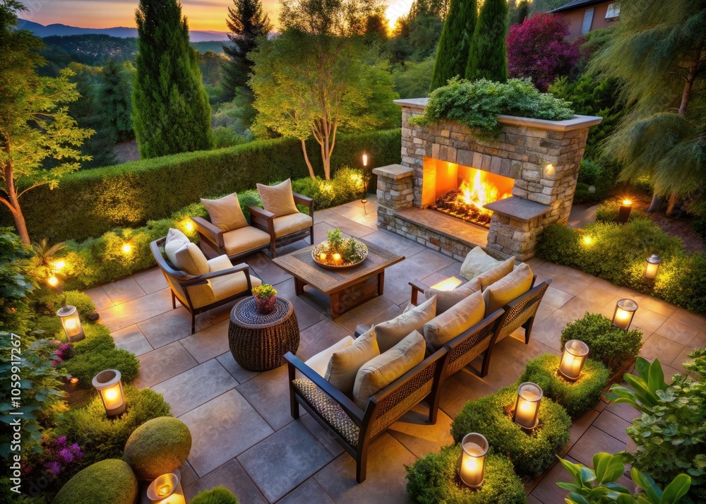 Naklejka premium Cozy Alfresco Seating with Propane Hearth for Relaxation and Gatherings, Outdoor Chairs, Warm Atmosphere, Evening Ambiance, Stylish Outdoor Decor, Comfortable Outdoor Living