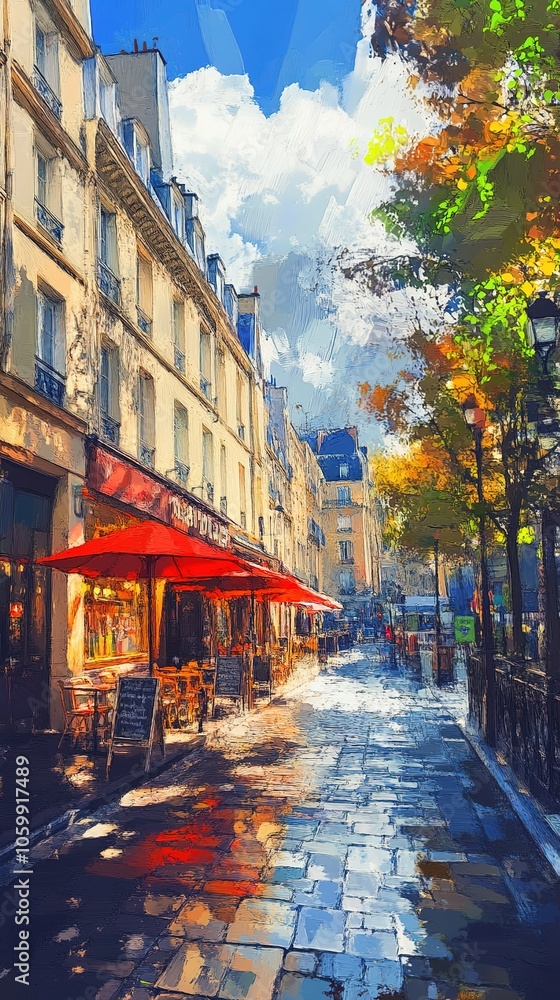 Fototapeta premium Abstract Impressionist Illustration of a Bright Sunrise Over a Parisian Street, Featuring Vivid Oil Painting Texture. Sunlight Breaks Through the Clouds, Illuminating the Avenues, While the Outdoor Ca