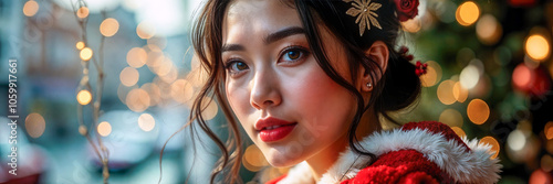 Close-Up of Woman in Red Santa Coat with Holiday Decor
