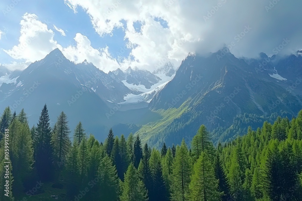 Obraz premium View of majestic mountains and serene forests under a beautiful sky with clouds, Val Paradiso National Park, Aosta, Italy. with generative ai