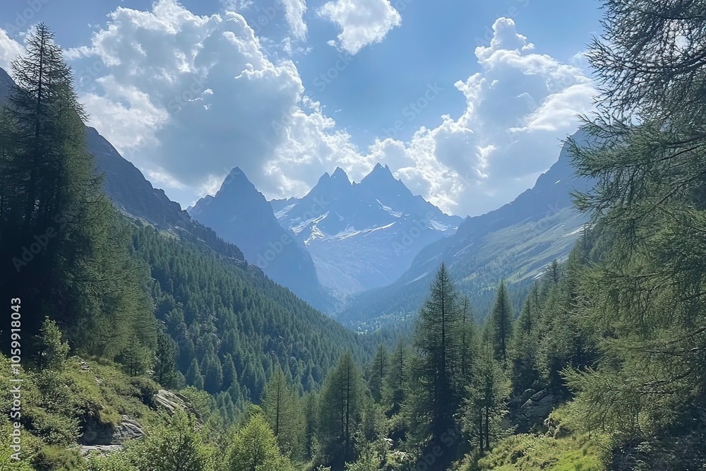 Fototapeta premium View of majestic mountains and serene forests under a beautiful sky with clouds, Val Paradiso National Park, Aosta, Italy. with generative ai