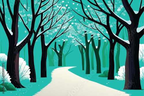 A serene forest path, blanketed in pristine snow, winds through a stand of towering trees with branches adorned in frost.