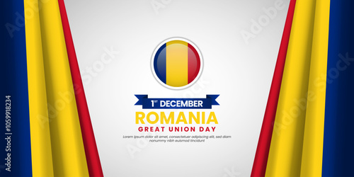 Romania great union day greeting card, banner background template with national waving flag