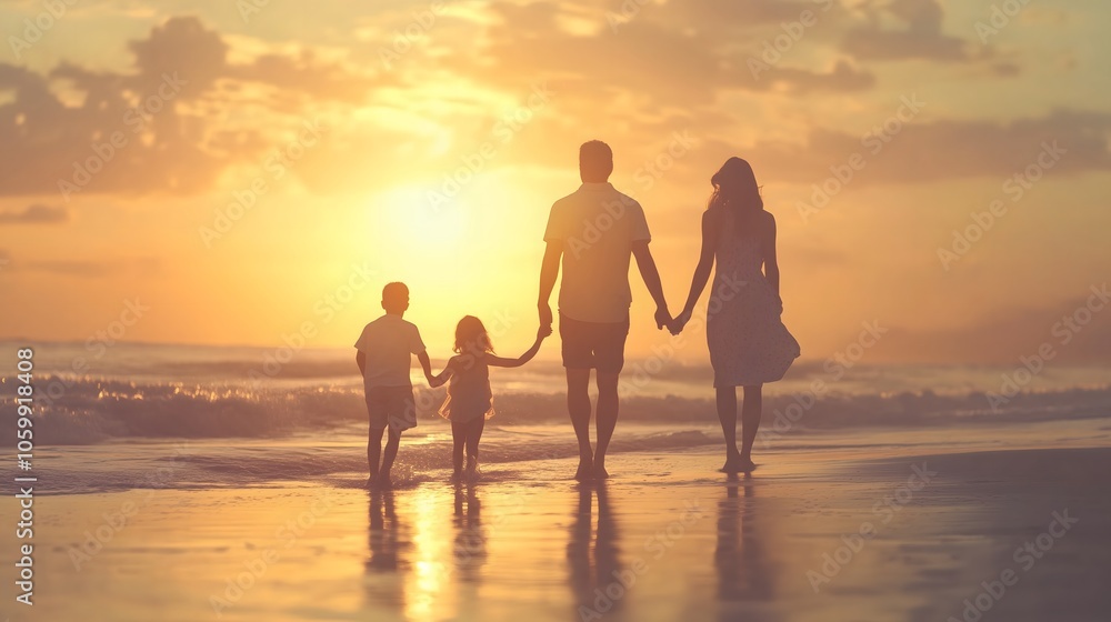 Fototapeta premium Family Walking Together at Sunset in Nature and on the Beach_3