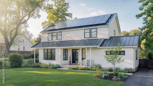 Modern two-story American suburban house with sleek solar panels on roof, surrounded by lush green lawn and garden under sunny sky. Sustainable living concept.