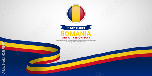 Romania Great Union Day 1 December background with national waving ribbon flag