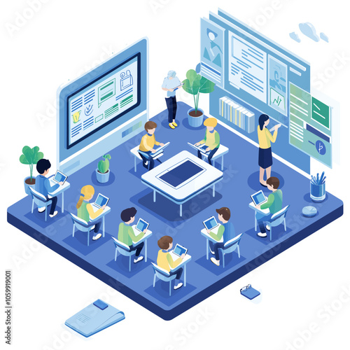 Isometric Digital Classroom: Students & Technology