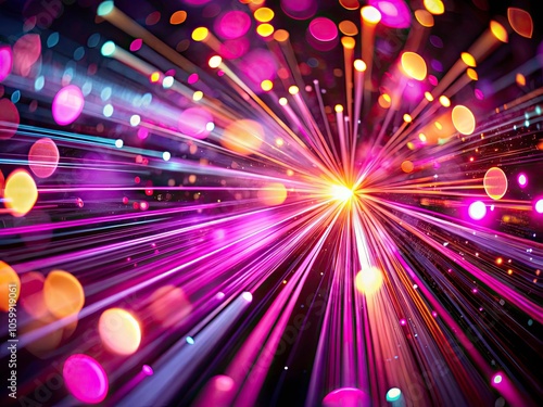 Dynamic Abstract Composition of Blurred Magenta Light Rays on Dark Background, High Depth of Field, Vibrant Light Effects, Artistic Light Trails, Creative Abstract Design