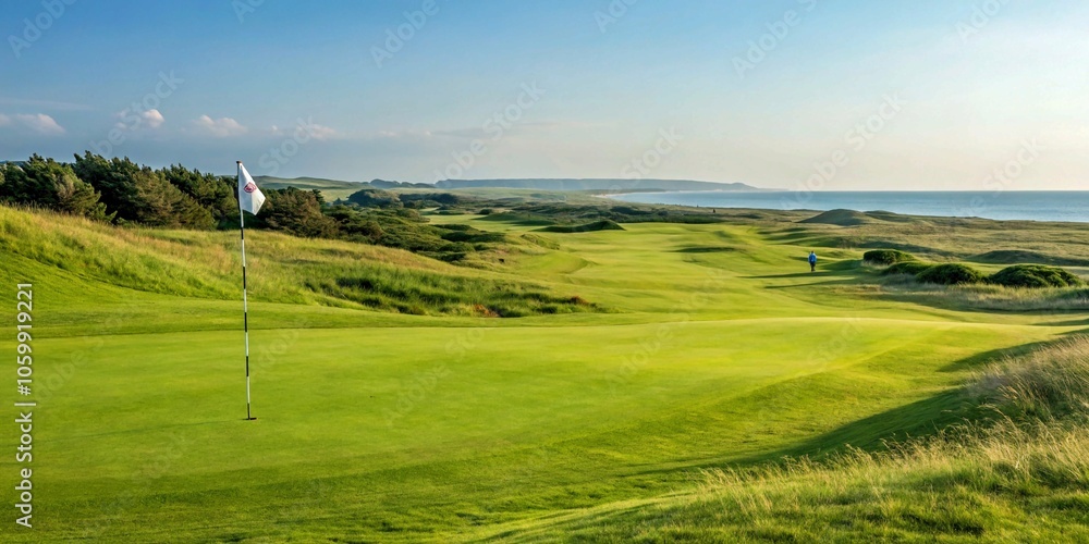 Pristine Green Fairway with Flag on a Beautiful Golf Course under Clear Blue Sky, Inviting a Relaxed Outdoor Experience Pristine Green Fairway with Flag on a Beautiful Golf Course under Clear Blue Sky, Inviting a Relaxed Outdoor Experience