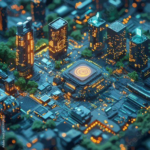 Isometric Smart City Technology Vector Illustration