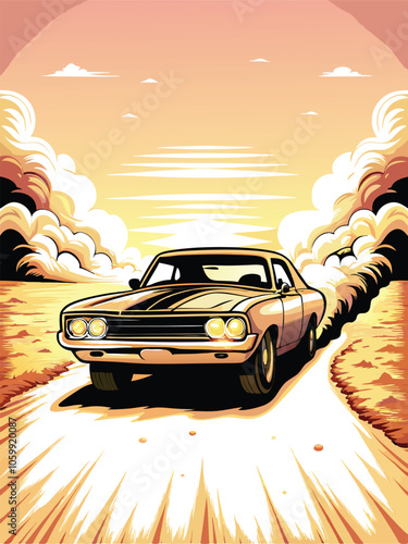 A classic American muscle car roars down a dusty desert road, kicking up a cloud of sand. The setting sun casts a golden glow over the vast, barren landscape.