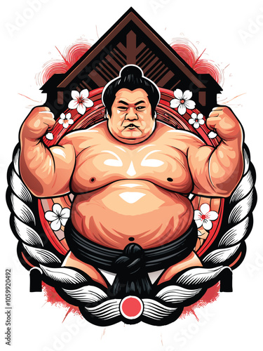 A powerful vintage sumo wrestler, in traditional attire, striking a dynamic pose, showcasing his strength and determination. The image is set against a traditional Japanese backdrop.