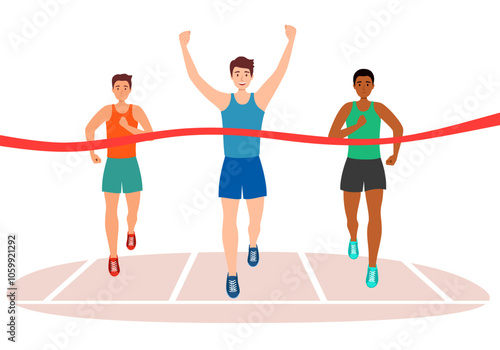 Marathon race. Group of people running and finish line. Front view. Vector illustration.
