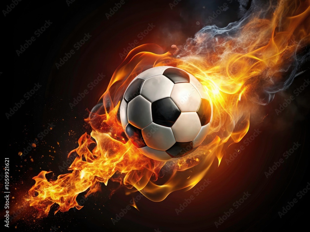 Naklejka premium Fiery Soccer Ball in Flight: Dynamic Flames and Sparks Against Dark Background