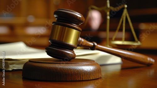 A wooden gavel resting on a book with a scale of justice in the background.