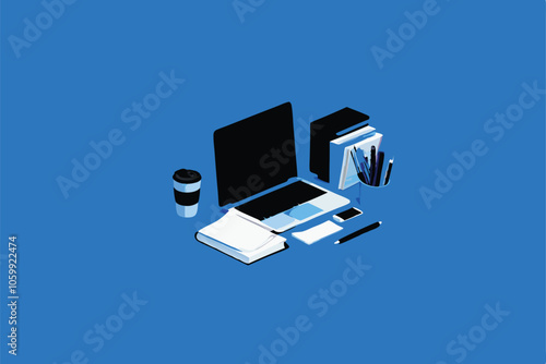 A clean vector background illustration of a minimalist study desk with a laptop, books, stationery, and a potted plant.