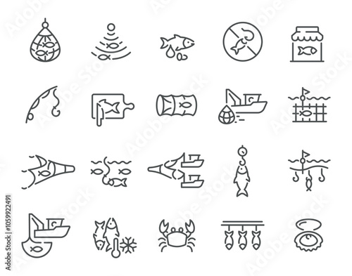 Fishing industry catching production minimalist line art icon set vector illustration