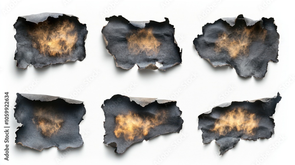 Fototapeta premium Variety of burnt paper holes with darkened borders and smoke residue on white background