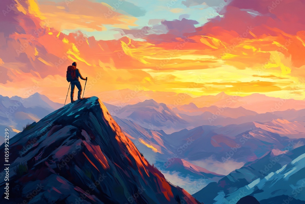 Fototapeta premium Hiker Standing on Mountain Peak at Sunrise