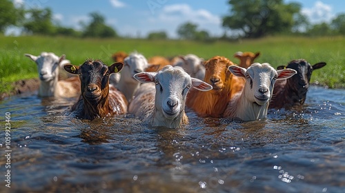 A group of goats wade through a shallow stream of water, looking directly at the camera. photo