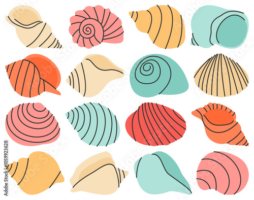 Set of simple seashell vector illustration, seashell vector illustration set in handdrawn style isolated on a white background