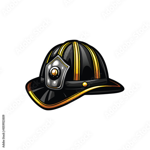 Design a firefighter helmet with a prominent, detailed metal badge incorporating flames and the word "FIRE" or "RESCUE".