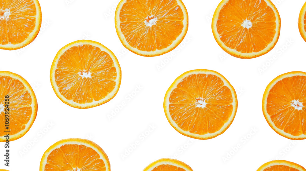 Fototapeta premium Slices of fresh oranges on a transparent background, vibrant citrus pattern. Healthy eating and fruit concept