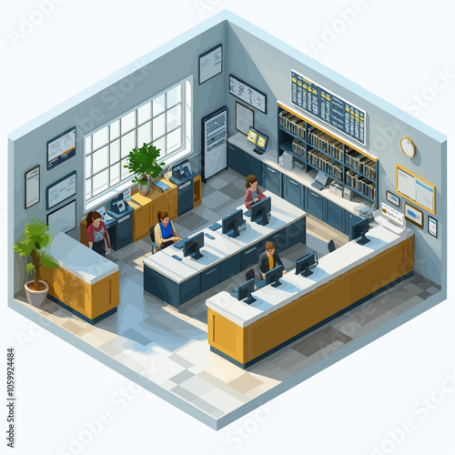 Isometric Bank Interior Customers Transactions