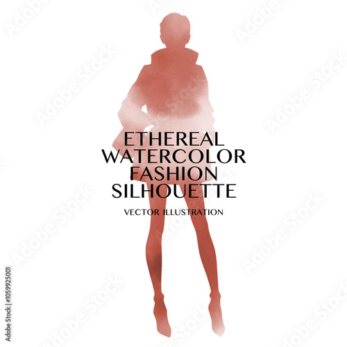 Ethereal watercolor fashion silhouette with soft colors showcasing a stylish figure in a contemporary pose against a minimalist background.