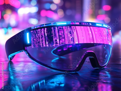 Futuristic Y2K Inspired Augmented Reality Glasses with Sleek Chrome Frame and Holographic Display Interface photo