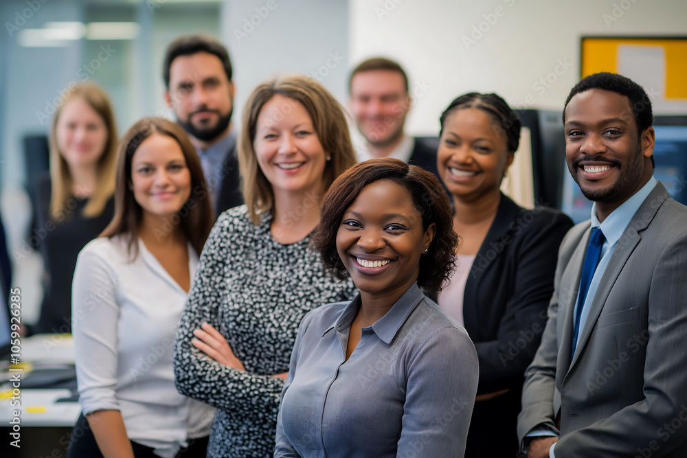 Fototapeta premium Happy multiracial business team smiling together in modern office