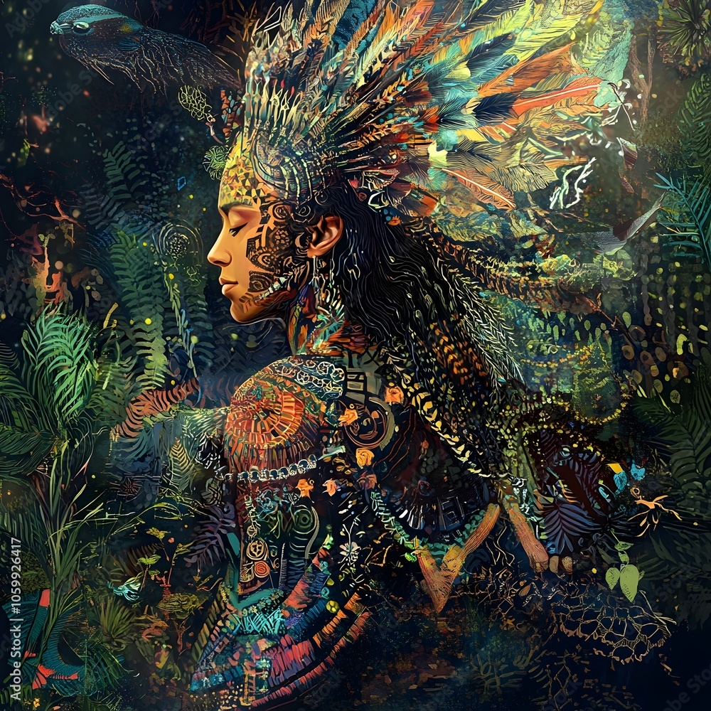 Fototapeta premium Visionary Depiction of Shaman Communing with Ancestral Spirits in Vibrant Jungle Realm