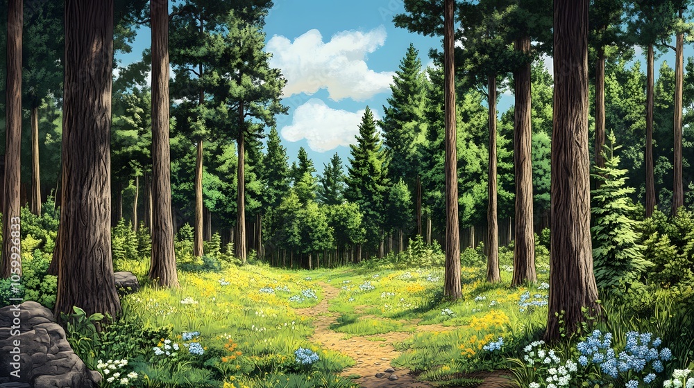 Fototapeta premium Mixed forest with native and newly planted trees, Sustainable forestry, integrating reforestation with existing ecosystems