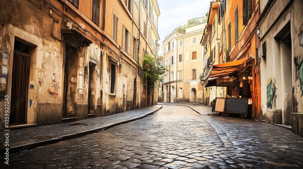 Fototapeta premium Abstract Impressionist Illustration of a Narrow Roman Alley After Rain, Showcasing a Bright and Clear Sky. The Cobblestone Path, Cleaned by Rainwater, Reflects the Sunlight Breaking Through the Cloud