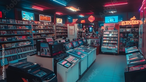 Retro 1990s Video Rental Store with Vintage Movie Media Neon Decor and Futuristic Touchscreen Kiosks
