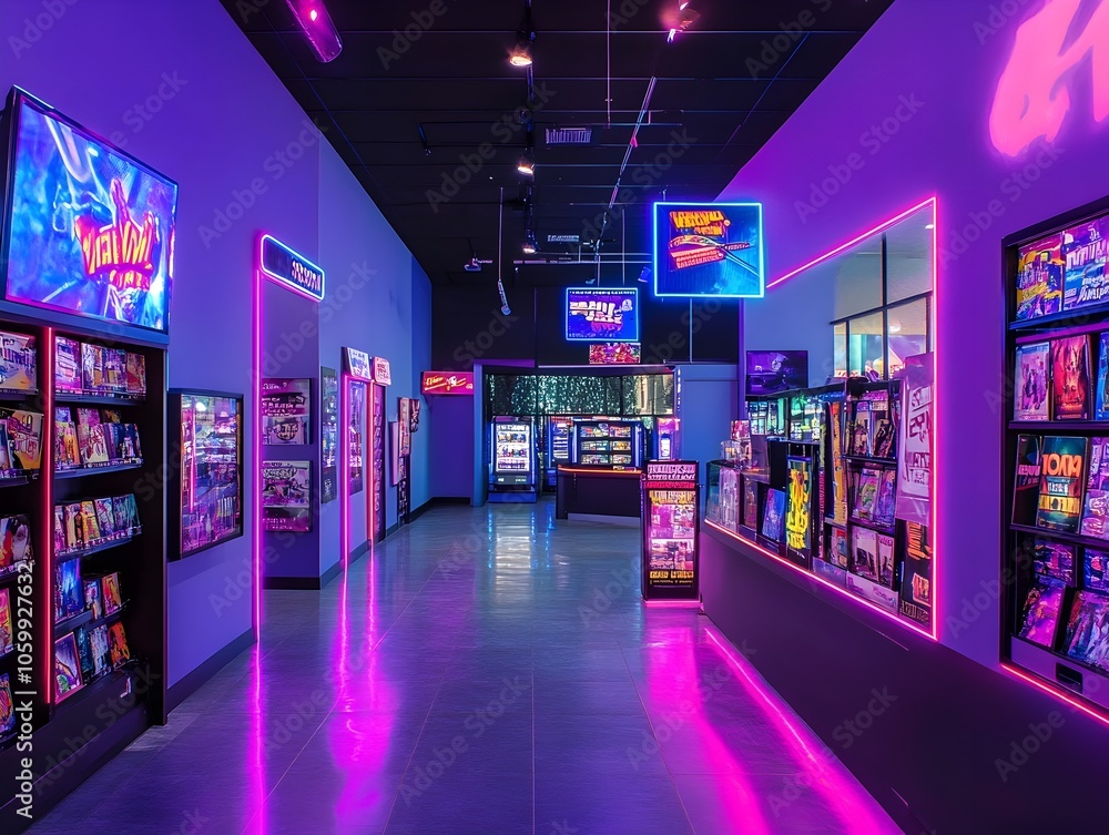 Nostalgic 90s Video Rental Establishment with Vibrant Neon Lighting and ...